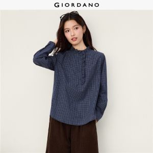 Giordano Beau Monde Women Ruffle mandarin collar long sleeve grid shirt Free Shipping 13346620