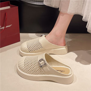 WomenS 2025 New Vintage Woven Closed-Toe Half-Slippers With Platform Thick Sole And Hollow Design