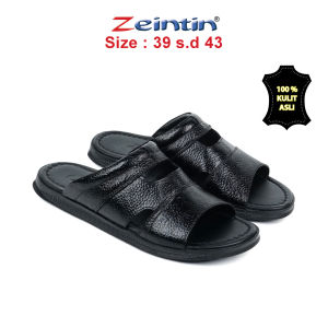 Zeintin - Sandal Selop Pria Bahan Kulit Sapi Asli Full Hitam Sandal Pria Kekinian Kuat Tahan Lama
