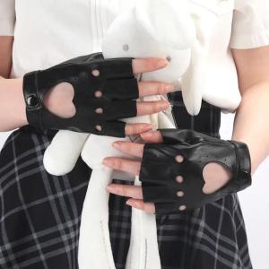 1Pair Women Fashion PU Leather Black Half Finger Gloves Cool Heart Hollow Fingerless Gloves Boy Gloves Dance