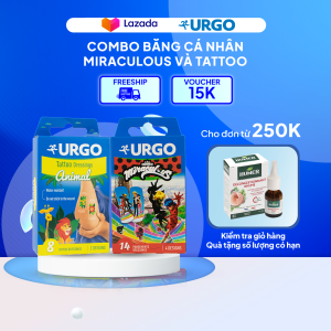 Combo Băng Cá Nhân Có Họa Tiết Urgo Miraculous (hộp/14 Miếng) Và Băng Cá Nhân Trẻ Em Urgo Tattoo Dressing Chống Thấm Nước Cho Bé (Hộp/8 Miếng)