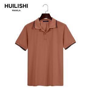 HUILISHI Classic Lapel Double Stripe Mens Plain Fashion Commuting Short Sleeve Polo/T-Shirt