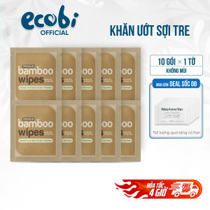 Túi 50 gói khăn ướt vải sợi tre kháng khuẩn EcoBamboo travel size gói 1 tờ không mùi an toàn cho bé