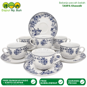 6 Pasang Cangkir Set Tatak Alas Motif Butterfly Bloom