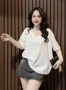 Áo thun cotton Thái nữ phom vừa cổ tim trơn ( Mã cotton Thái cổ tim )