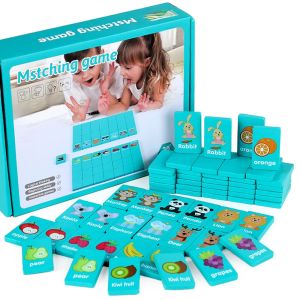DADOMYD 36PCS Cartoon Fruit Animal Chain Game Wood Blue Mahjong Game Creative Pair Matching Matching Game Family Party