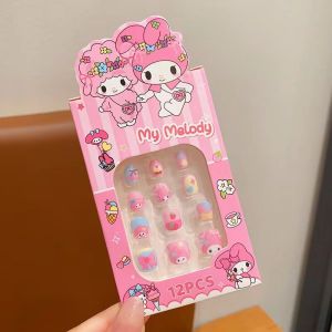 TT38 Kids 12pcs Cute Sanrio press-on Nail set self-adhesive artificial nail stickers detachable children makeup toy Kuromi Melody