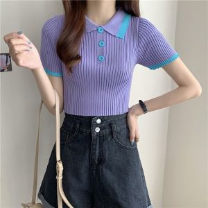 SIS Women T-shirt High Waist Slim Knitted Polo Shirt Blouse