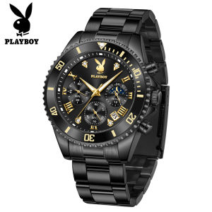 PLAYBOY watch for men fashion all black design moon phase chronograph luminous calendar diamond dial men watches