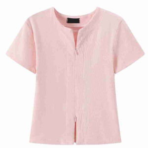 korean v-neck women‘s short sleeve double zippers t-shirt cacual cropped top