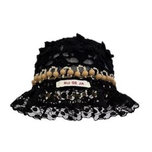 NOVELLEO ทำมือ หมวกบัคเก็ตโครเชต์ ฤดูร้อน กลวง หมวกถักลูกปัด ย้อนยุค ดอกไม้ หมวกคลุมอ่างอาบน้ำแบบถัก กลางแจ้ง