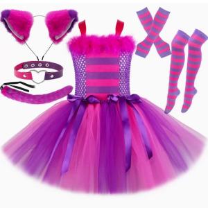 Girls Cat Costume Hot Pink Purple Cartoon Magic Striped Cat Tutu Dress Toddler Kids Halloween Carnival Party Dress Up Outfits2026