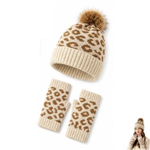 BETTERFORM 2Pcs/Set Mềm mại Mũ len đan Hổ báo Ấm áp Mũ len họa tiết da báo Mũ len Pom Pom Phụ nữ và Nam giới
