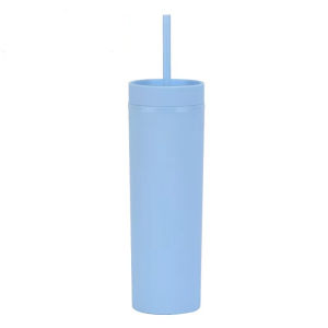 Chinese New Year Gift SG Ready Stock Skinny Double-Layer Plastic Cup Minimalist Rubber-Coated Water Cup 16OZ Sealed Straight Straw Cup Drinkware Cup
