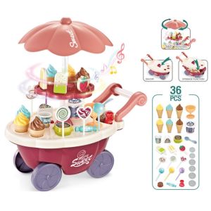 30/36PCS Ice Cream Candy Cart Trolley Toy Kitchen Playset Pretend Play Toys With Music Light Troli Aiskrim Masak Kanak Kanak