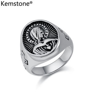 Kemstone Virgin Mary Cross Stainless Steel Ring Mens Oval Rings Jewelry