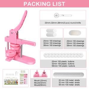 2Days⭐Local Warehouse⭐ Badge Machine -108 model (25+32+58mm) Mold + 100 sets of plastic bottom accessories +3 Circular CutterButton Maker Machine DIY Round Badge Punch Press Mold Tool - Pink purple Green