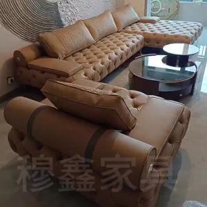 Italian Light Luxury Leather Art Sofa Lonely Style Dark Blue Straight Row 23 People Pull Buckle Sofa Designer Living Room Influencer Style