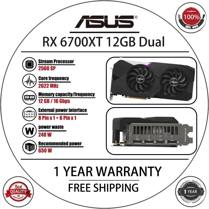 USED ASUS RX 6700 XT 12GB Graphics Card 【Gaming performance ≈ RTX 3070】 2560SP 2581MHz GDDR6 12GB 192Bit 16Gbps GPU TDP 230W HDMI + DPx3