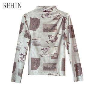 Rehin của phụ nữ cổ cao vừa Lưới Tay áo dài T-shirt thanh lịch ôm vừa Lớp lót áo thời trang