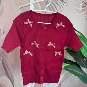 (CF0721) เสื้อไหมพรมแขนสั้น เปิดกระดุม แต่งโบว์เล็กน่ารักเข้าชุดง่าย #15042