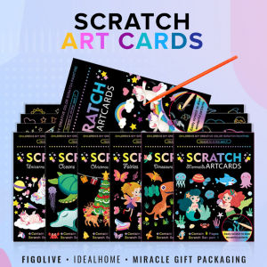 1 Pack 9 Designs Cartoon Scratch Book Rainbow Magic Color Kids Painting Paper Card Kit Kids Drawing Stick Kids DIY Toy Birthday Present Goodie Bag Christmas Gift