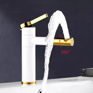 [ Hàng cao cấp ] Vòi lavabo nóng lạnh mỏ xi sơn tĩnh điện trắng vàng loại 20cm QM.VR037