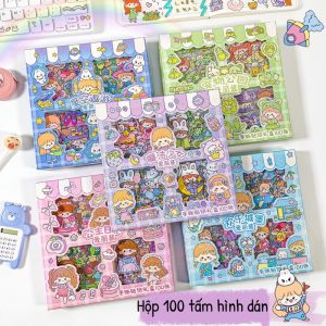 Hộp 100 Tấm Hình Dán Sticker 3D Đáng Yêu Trang Trí Dán Tập Vở Sổ Bình Nước Bút. Bộ 100 Miếng Sticker PVC Nhiều Chủ Đề