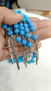 Cross Blue Beads Ball Chain Rosary (16inch)