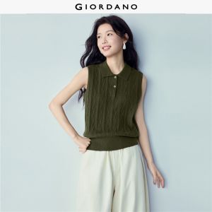 GIORDANO Women Sweaters Collared Cable Knit Sweater Vests Half Placket Regular Fit Fashionable Casual Knit Vests 13356259