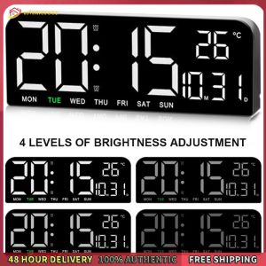 Winnereco LED Digital Alarm Clock Electronic Wall Clock Large Number Display Bedside Alarm Clock Multifunctional Boarderless Wall-mounted Clock for Students