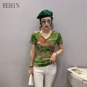 REHIN Womens top Fashion print with diamonds V-neck short-sleeved T-shirt stretch elegant blouse