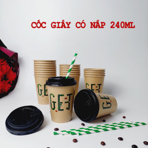50 chiếc cốc giấy 240ml - 8oz GET nâu nắp đen ly giấy NHẬP KHẨU HÀN QUỐC