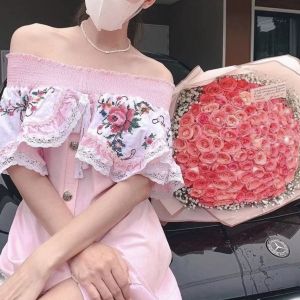 P007-021 PIMNADACLOSET - Off Shoulder Button Front Slit Embroidery Rose Pink Dress