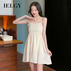 IELGY korean style womens high waist and thin solid color dress with fungus