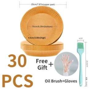 WHL 30pcs Air Fryer Paper Disposable Special Paper for Round Food Grade Drain Oil Anti-sticking Non-porous Kitchen Baking 空气炸锅专用纸 送一次性手套和油刷