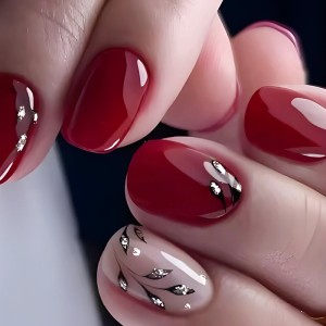 24 Pcs Short Oval Press On Nail Glittering Acrylic False Nail Glossy Artificial Nail Leaf Stick on Nail for Party