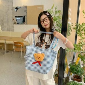 DJAQWA Canvas Butterbear Tote Bag Kawaii Large Capacity Yellow Bear Shoulder Pouch Cute Cartoon Blue Plaid Handbag Women