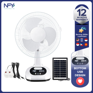 Solar fan 12 inch set rechargeable with 2LED light bulbs and solar panels long endurance strong wind outdoor desk fan