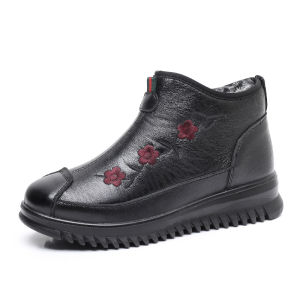 LUQUTCR รองเท้าบู้ทรองเท้าหนังแท้สตรีสีดอกวัวส้นเตี้ยสไตล์ชนเผ่ารองเท้าบู๊ทข้อสั้นใหม่สำหรับฤดูหนาว