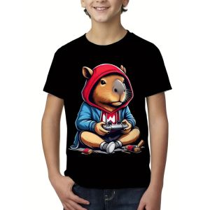 [Local Stock] VCC Clothing for Boys Cartoon Capybara Graphic T Shirt 3D Print Summer Comforts Short Sleeves Tops T-Shirt for a Boy 2-10Y Polyester