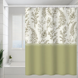 Watercolor Floral Shower Curtain SetsBlue Beige Flowers Bathroom CurtainsModern Minimalist White Bath Curtain Waterproof Fabric with 12 Hooks