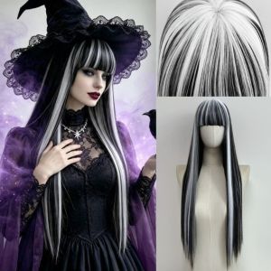 GONGL Gorgeous Black And White Highlight Wig Heat-Resistant with Bangs Classic Gothic Cosplay Wig Fashionable Synthetic Hair Long Straight Hairpiece for Women