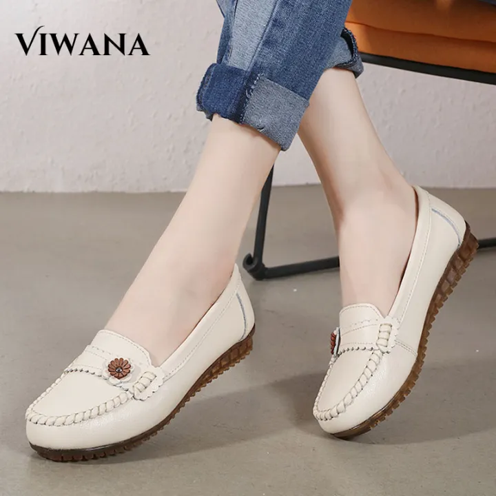 VIWANA Flat Shoes For Women Korean Style White Loafers Ladies Boat