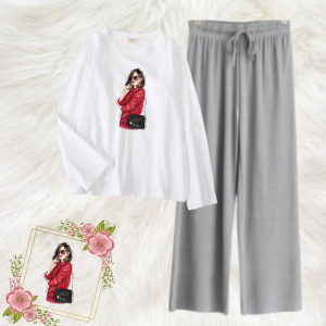 Baju 1 Set Wanita Korean Style Hijab Terbaru / Setelan Sweater Dan Celana Kulot Motif Girls Boss