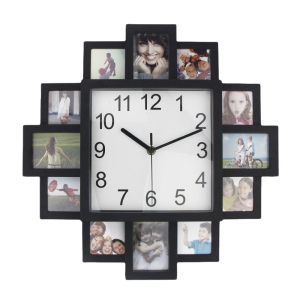 MIRELAE Black White Photo Frame Wall Clock 16 Inch Wall Mounted Hanging Clock Elegant Frame Design Picture Frame Clock Home Decoration