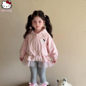 Christmas gifts Halloween Kawaii Hello Kitty Girls Coat Sanrio Cartoon Full Print Zipper Hooded Windbreaker Spring Autumn New Kids Cute Jacket Outerwear