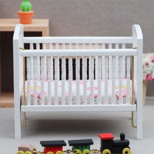 YAFEN 1:12 Dollhouse Miniature Bed Baby Crib White Baby Bed Furniture Bedroom Model Decor Toy Doll House Accessories