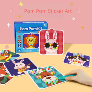 BEIBEI Handmade Material Childrens Sticker Book Educational Hairball Animal Pompom Art Kit Fun Toy Early Learning Pompom Crafts Toy Kids Activity
