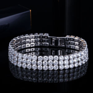 SEQUITO Hot Sale Classic 3 Row Cubic Zircon Diamond Setting Yellow Gold Plated Bridal Wedding Tennis Bracelets Bangles for Women Bride B133